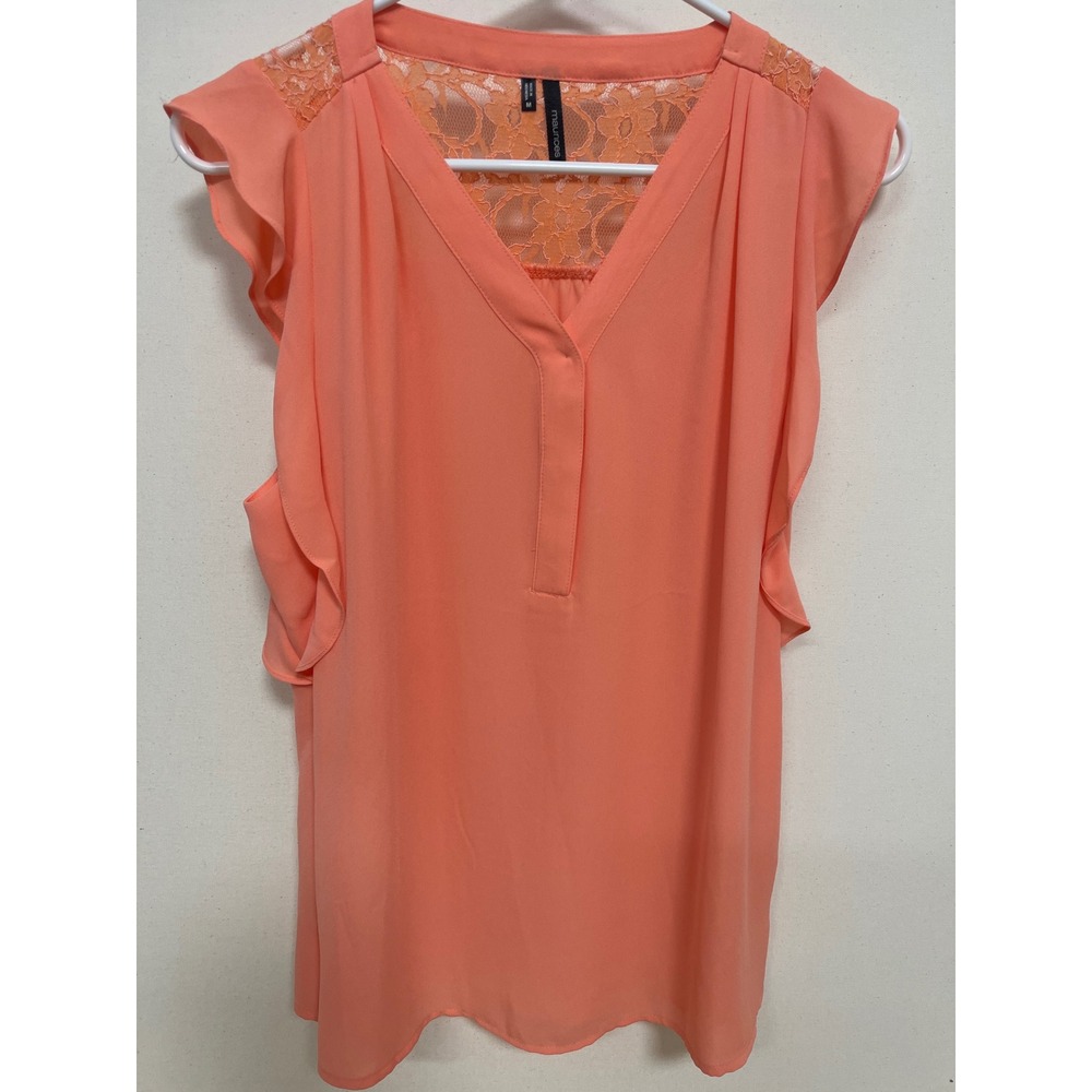 Maurices Coral Orange Lace Yoke V-Neck Ruffle Sleeve Blouse Medium